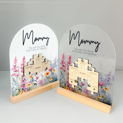 Personalized Puzzle Piece Shelf Sitter Sign – Mom Keeps Us Together, Floral Wood Decor