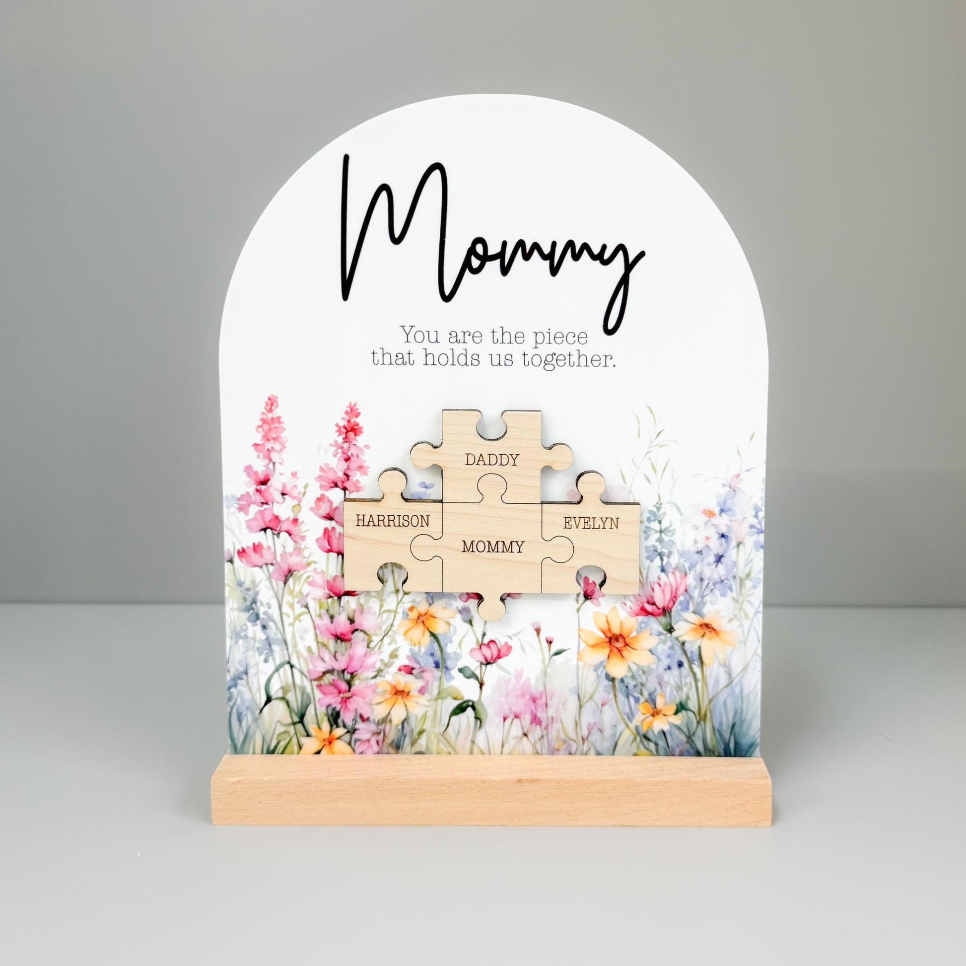 Personalized Puzzle Piece Shelf Sitter Sign – Mom Keeps Us Together, Floral Wood Decor
