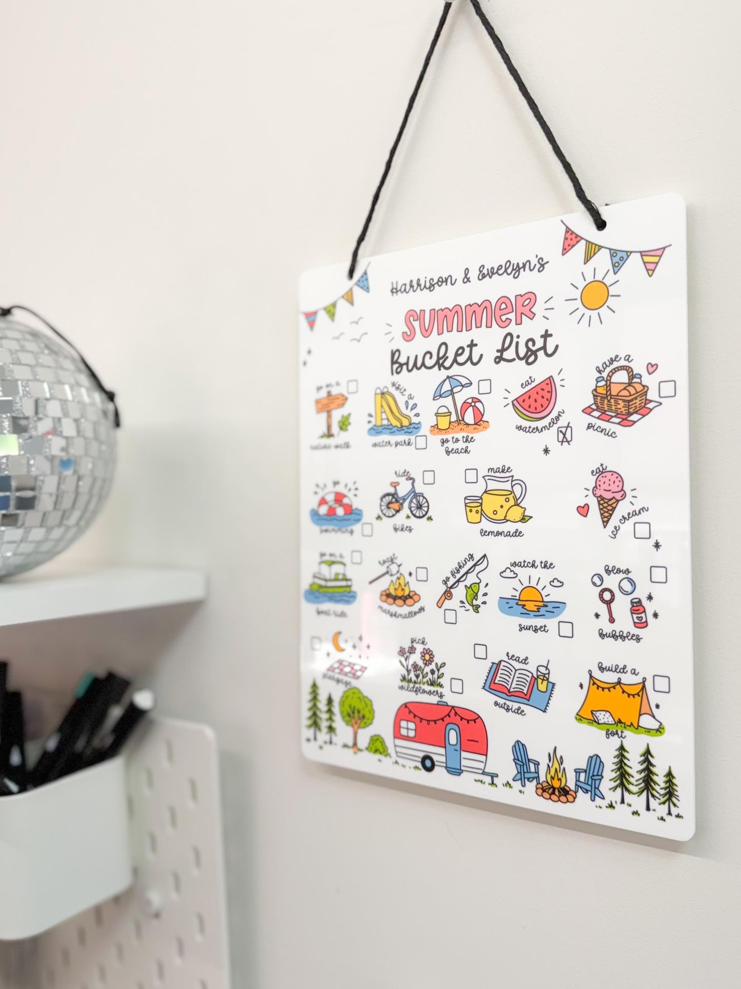 Personalized Summer Bucket List Sign | Kids Reusable Whiteboard | Custom Names | White Acrylic | UV Printed | Hanging Sign