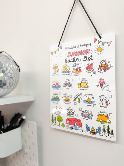 Personalized Summer Bucket List Sign | Kids Reusable Whiteboard | Custom Names | White Acrylic | UV Printed | Hanging Sign