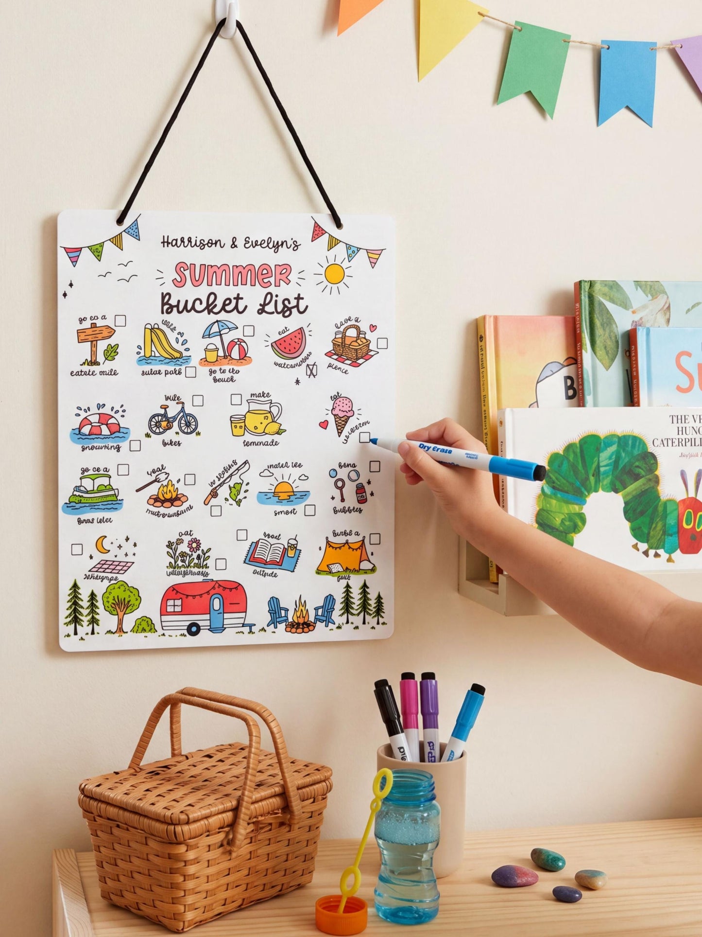 Personalized Summer Bucket List Sign | Kids Reusable Whiteboard | Custom Names | White Acrylic | UV Printed | Hanging Sign