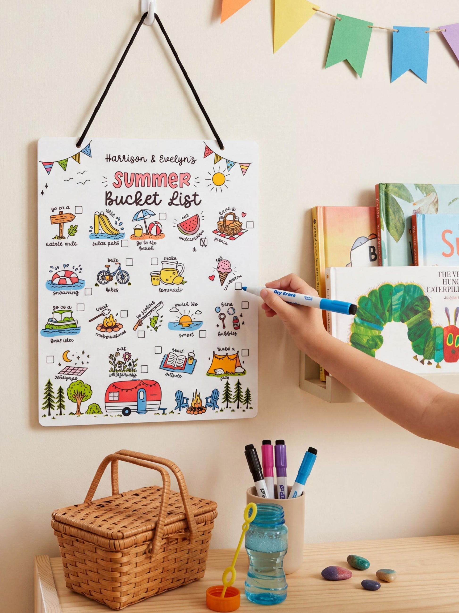 Personalized Summer Bucket List Sign | Kids Reusable Whiteboard | Custom Names | White Acrylic | UV Printed | Hanging Sign