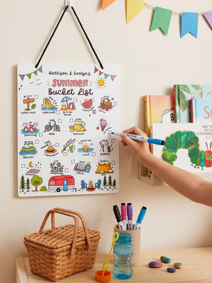 Personalized Summer Bucket List Sign | Kids Reusable Whiteboard | Custom Names | White Acrylic | UV Printed | Hanging Sign