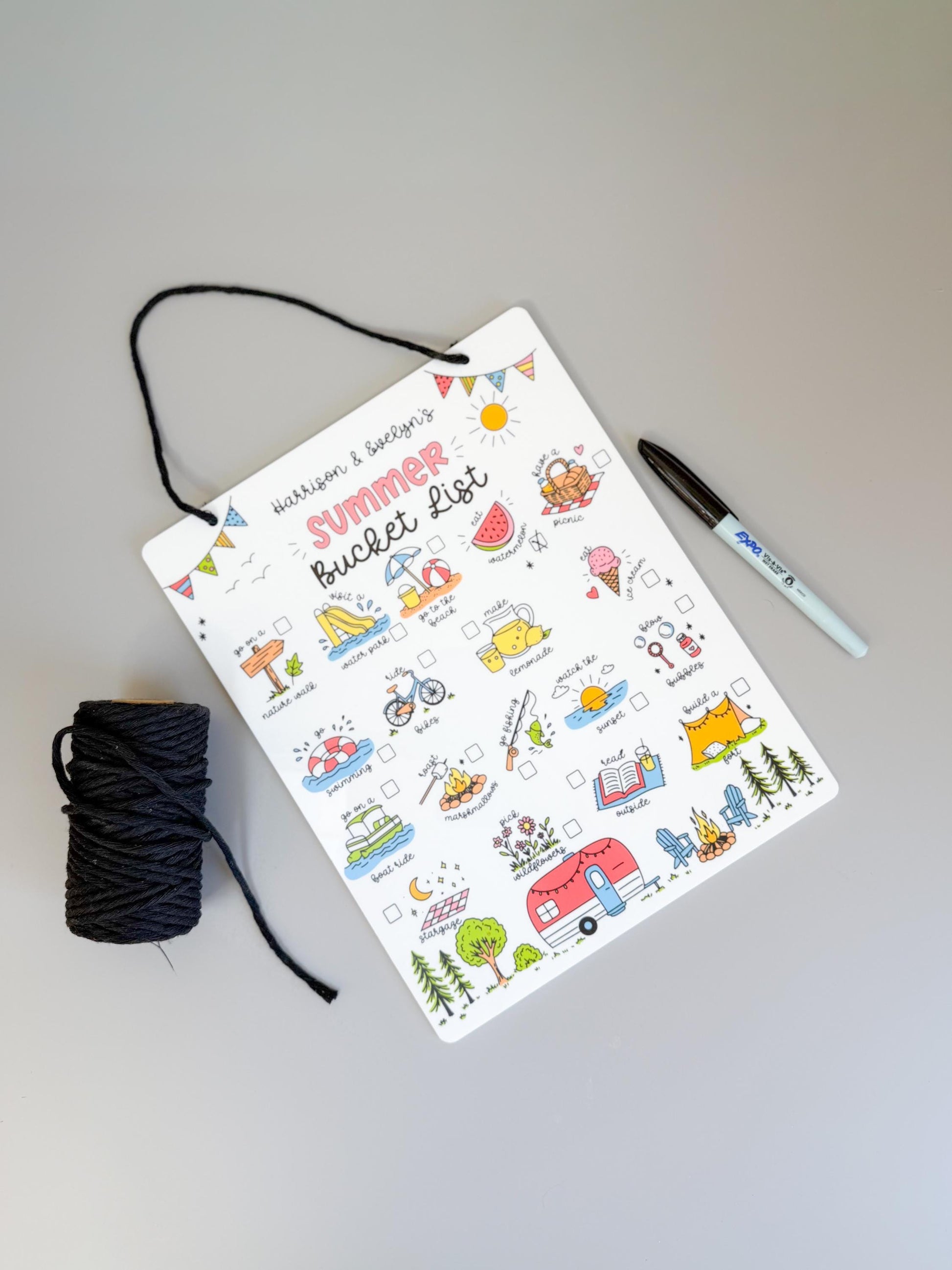 Personalized Summer Bucket List Sign | Kids Reusable Whiteboard | Custom Names | White Acrylic | UV Printed | Hanging Sign