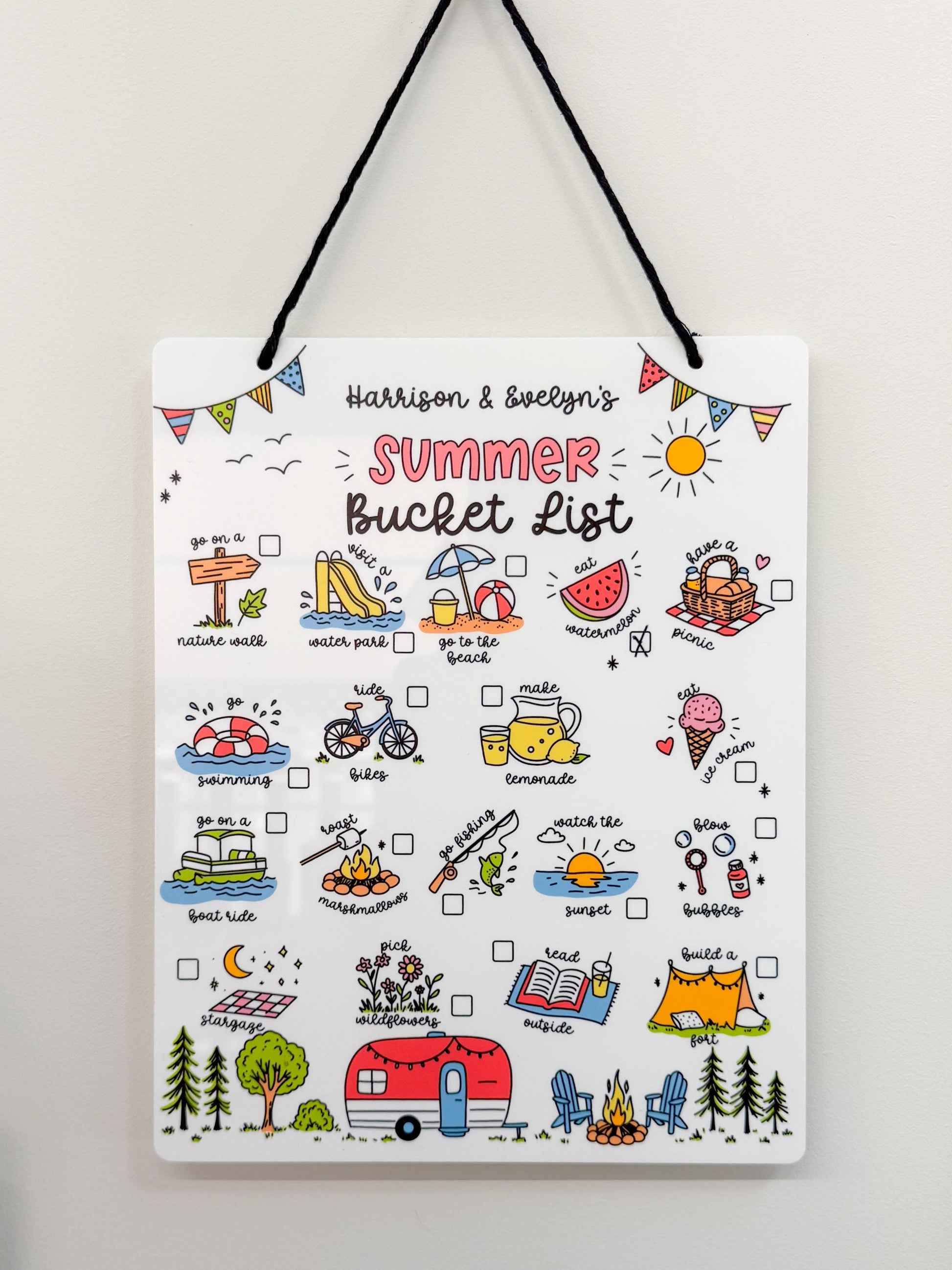 Personalized Summer Bucket List Sign | Kids Reusable Whiteboard | Custom Names | White Acrylic | UV Printed | Hanging Sign