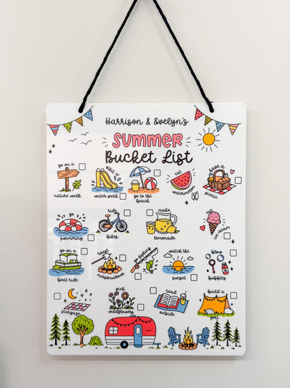 Personalized Summer Bucket List Sign | Kids Reusable Whiteboard | Custom Names | White Acrylic | UV Printed | Hanging Sign