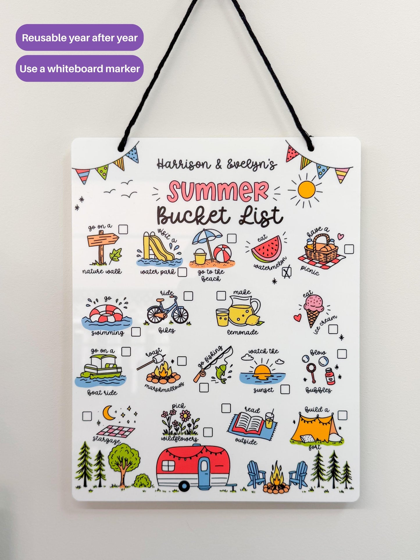 Personalized Summer Bucket List Sign | Kids Reusable Whiteboard | Custom Names | White Acrylic | UV Printed | Hanging Sign