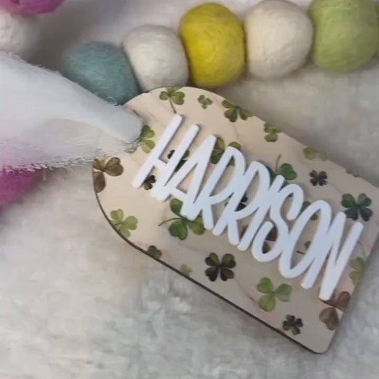 Personalized Rainbow Basket Tag - Bag Tag - Clover -  Initial - Maple - Acrylic Name Tag - St Paddys