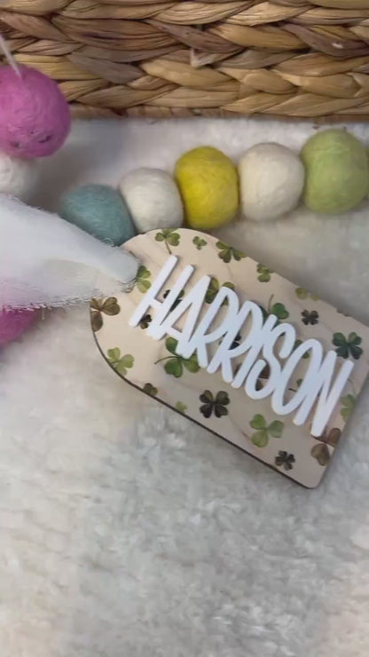 Personalized Rainbow Basket Tag - Bag Tag - Clover -  Initial - Maple - Acrylic Name Tag - St Paddys