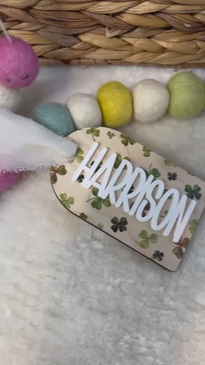 Personalized Rainbow Basket Tag - Bag Tag - Clover -  Initial - Maple - Acrylic Name Tag - St Paddys