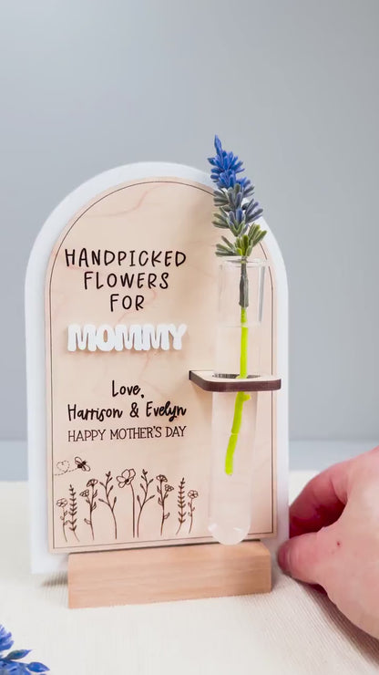 Personalized Flower Sign for Mom, Handpicked Flowers for Mommy, Mother’s Day Gift, Gifts from child, Custom Name Keepsake, Wood Acrylic Sign