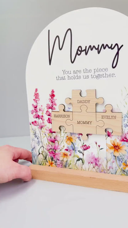 Personalized Puzzle Piece Shelf Sitter Sign – Mom Keeps Us Together, Floral Wood Decor