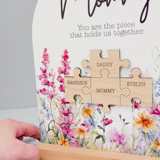 Personalized Puzzle Piece Shelf Sitter Sign – Mom Keeps Us Together, Floral Wood Decor